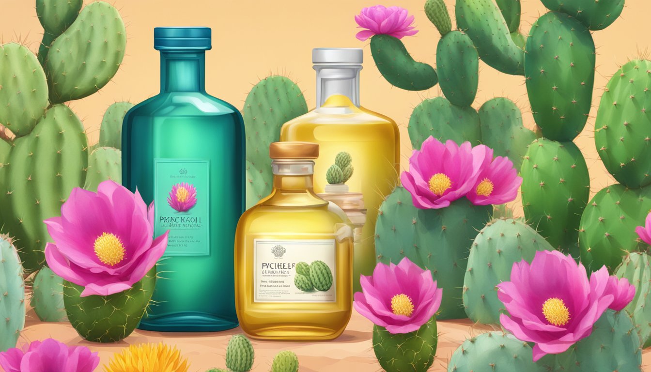 A glass bottle of prickly pear seed oil surrounded by prickly pear cacti and vibrant desert flowers