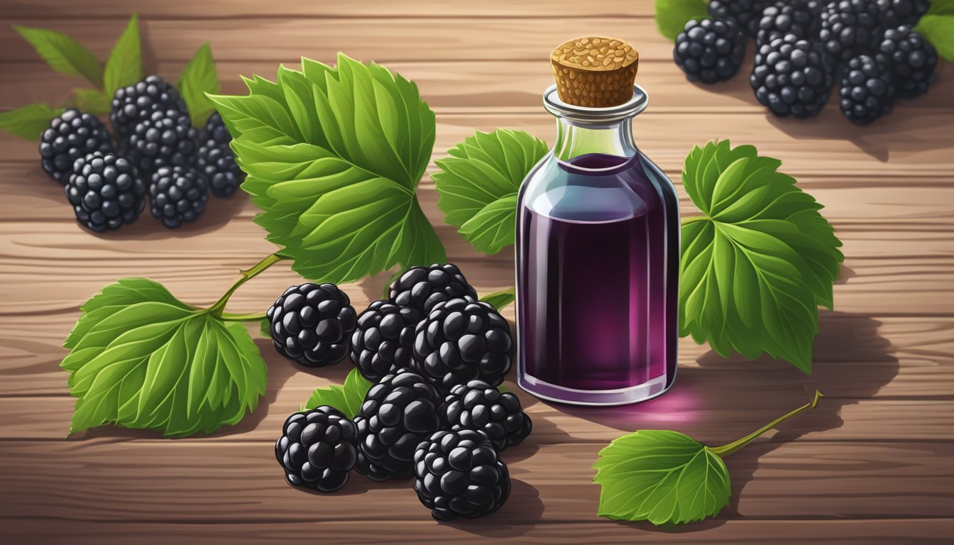 A glass bottle of blackberry seed oil surrounded by fresh blackberries and green leaves on a rustic wooden table