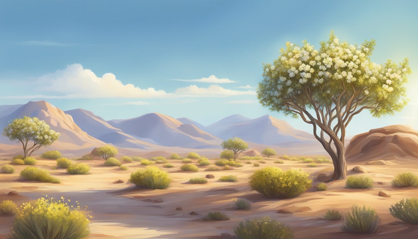 A serene desert landscape with a jojoba plant in full bloom, surrounded by clear blue skies and warm sunlight