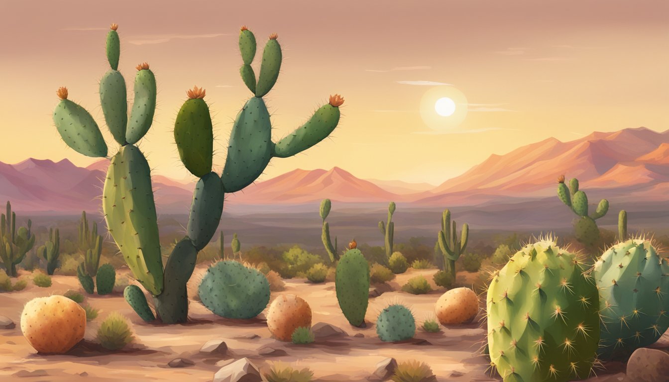 A bottle of Posh Peach Prickly Pear Seed Oil surrounded by ripe prickly pears and prickly pear cacti in a desert landscape