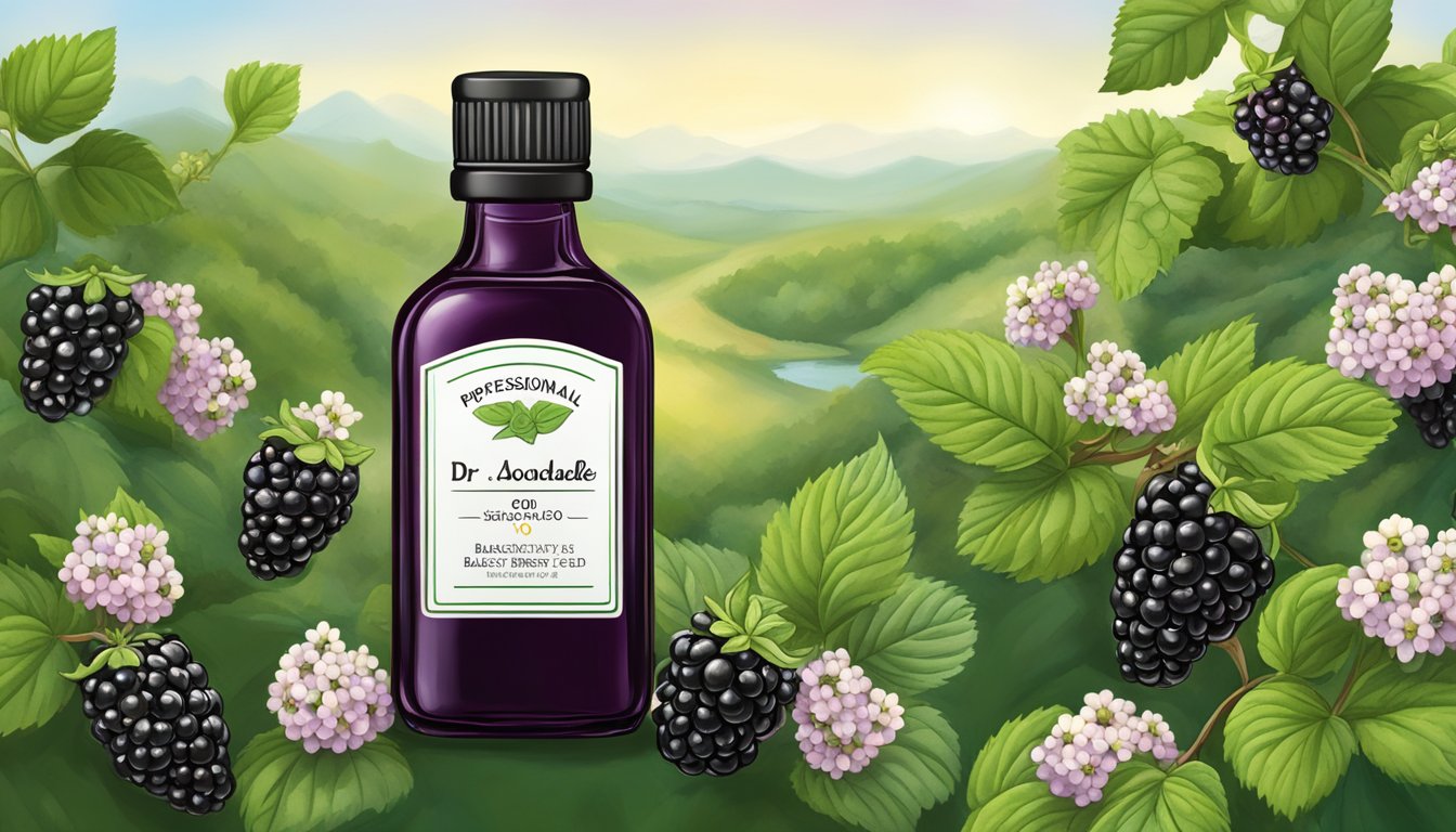 A bottle of Dr. Adorable Blackberry Seed Oil surrounded by fresh blackberries and blooming blackberry bushes