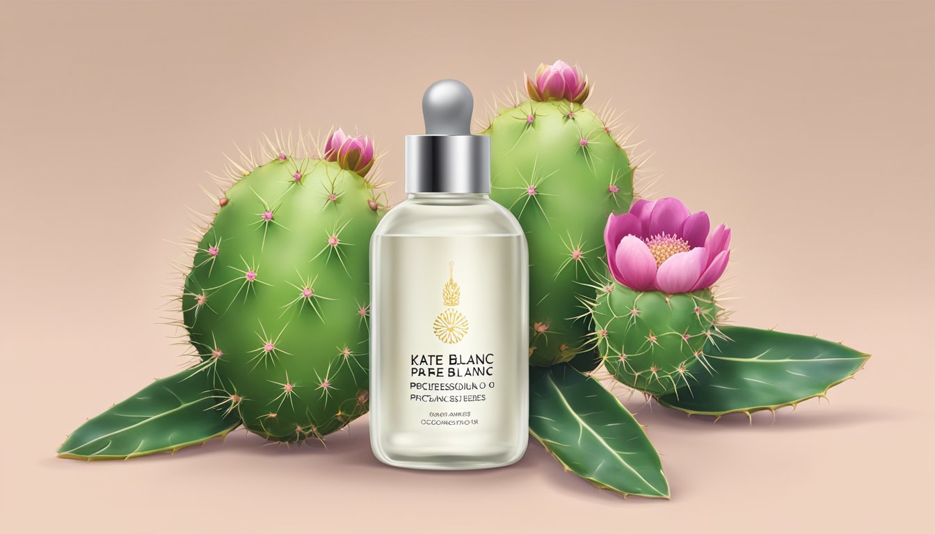 A glass bottle of Kate Blanc Cosmetics Prickly Pear Seed Oil surrounded by ripe prickly pears and prickly pear flowers