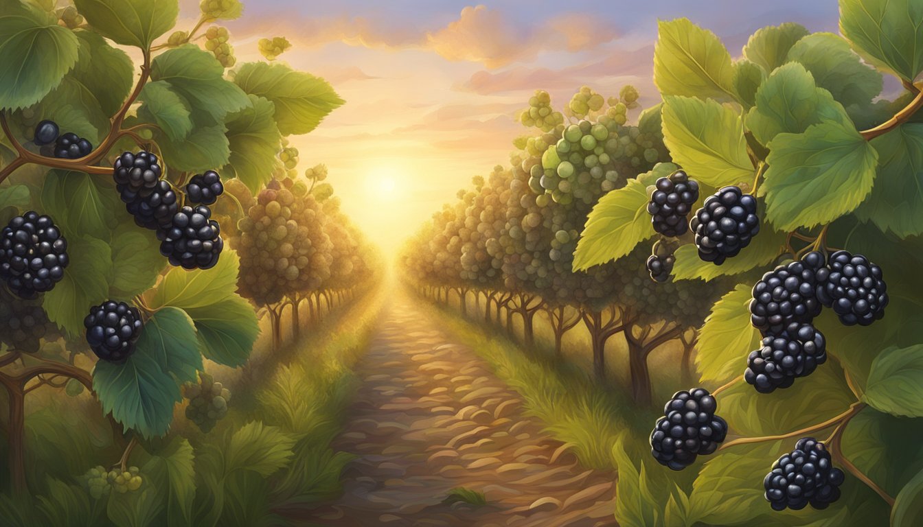 A serene blackberry orchard at dawn, with dew-kissed vines and ripe, glistening fruit hanging from the branches