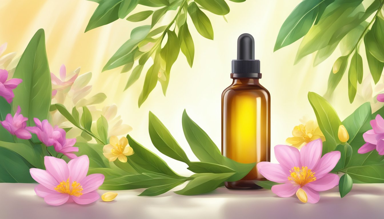 A bottle of US Organic Jojoba Oil surrounded by vibrant flowers and leaves, with rays of sunlight shining down on it