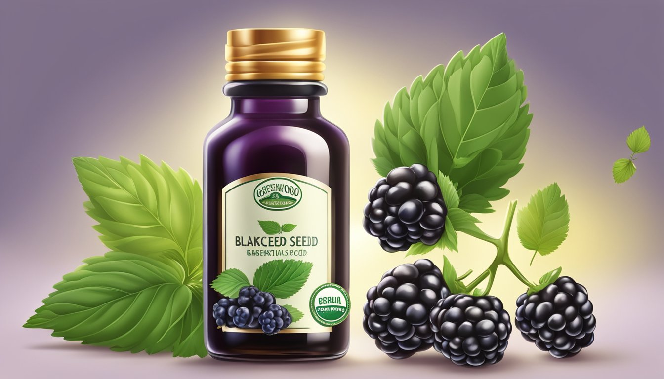 A bottle of Greenwood Essential Blackberry Seed Oil surrounded by fresh blackberries and green leaves, with rays of sunlight shining on the label