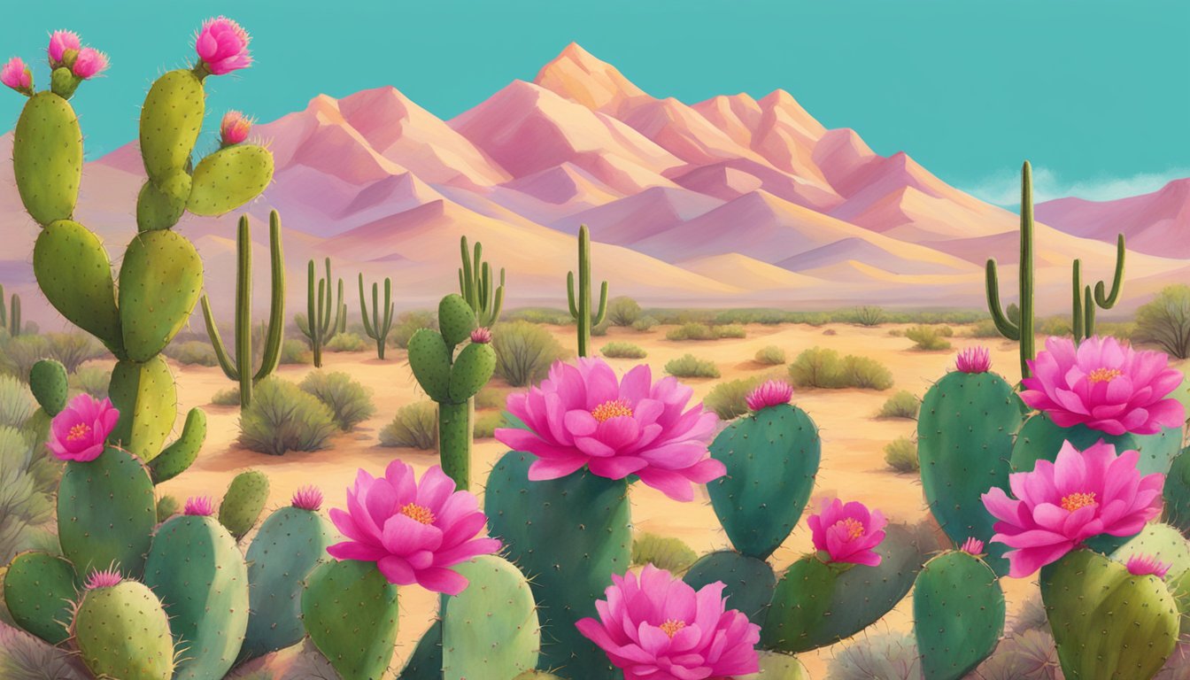 A vibrant desert landscape with blooming prickly pear cacti and a bottle of LenaWild Harmony Bloom Oil as the focal point