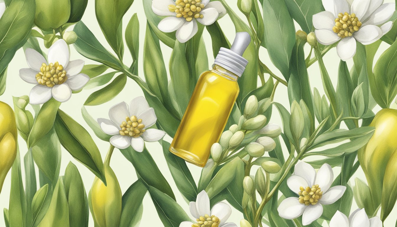 A bottle of Aura Cacia Organic Jojoba Oil surrounded by vibrant green jojoba plants and golden jojoba seeds, evoking a sense of natural purity and organic beauty