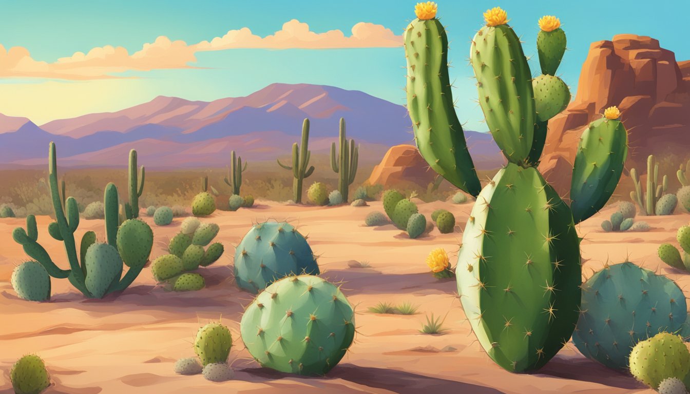 A bottle of Sahara Botanicals Prickly Pear Seed Oil surrounded by ripe prickly pears and blooming cacti in a desert landscape