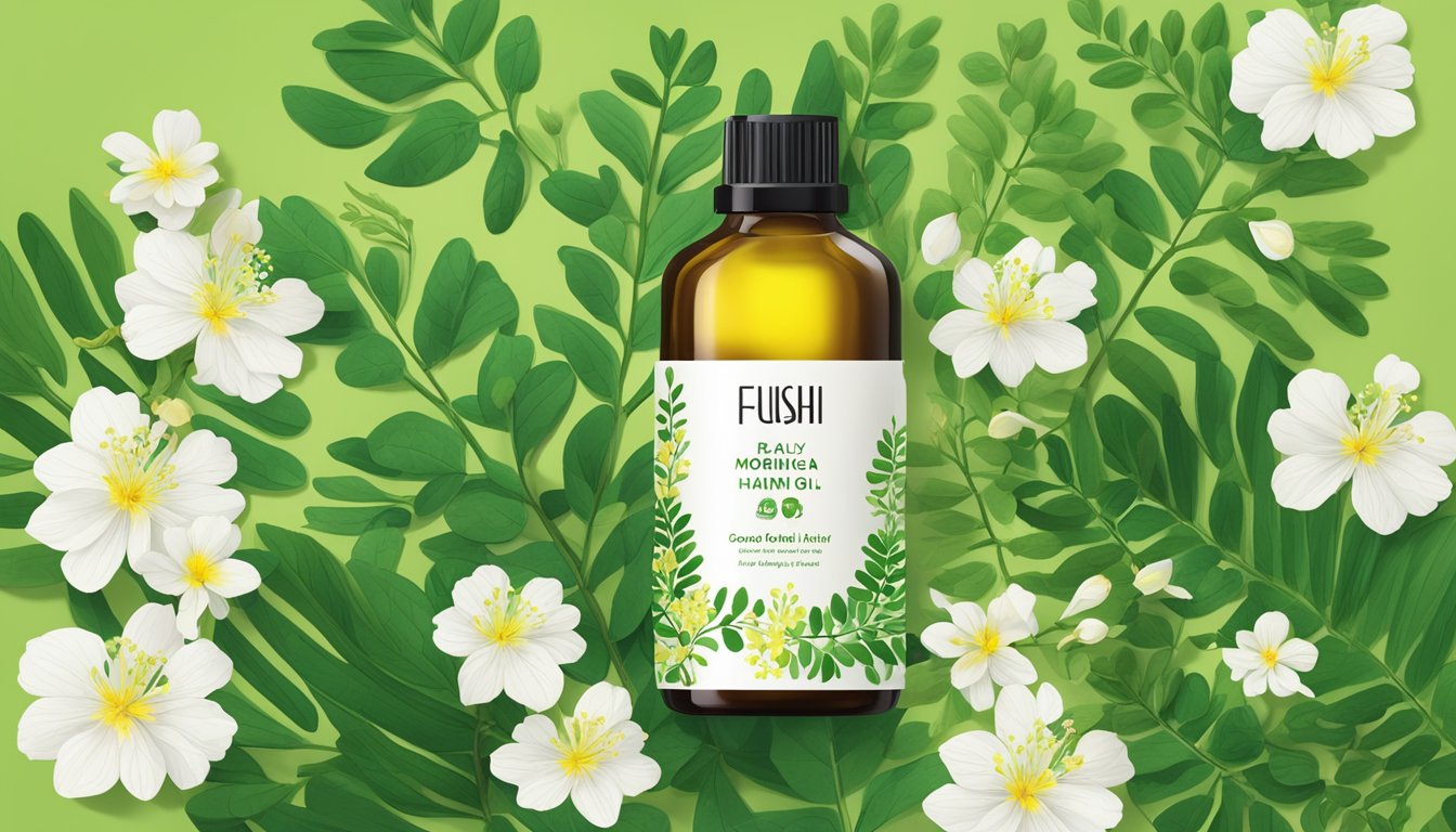 A bottle of Fushi Really Good Hair Oil surrounded by vibrant moringa leaves and flowers