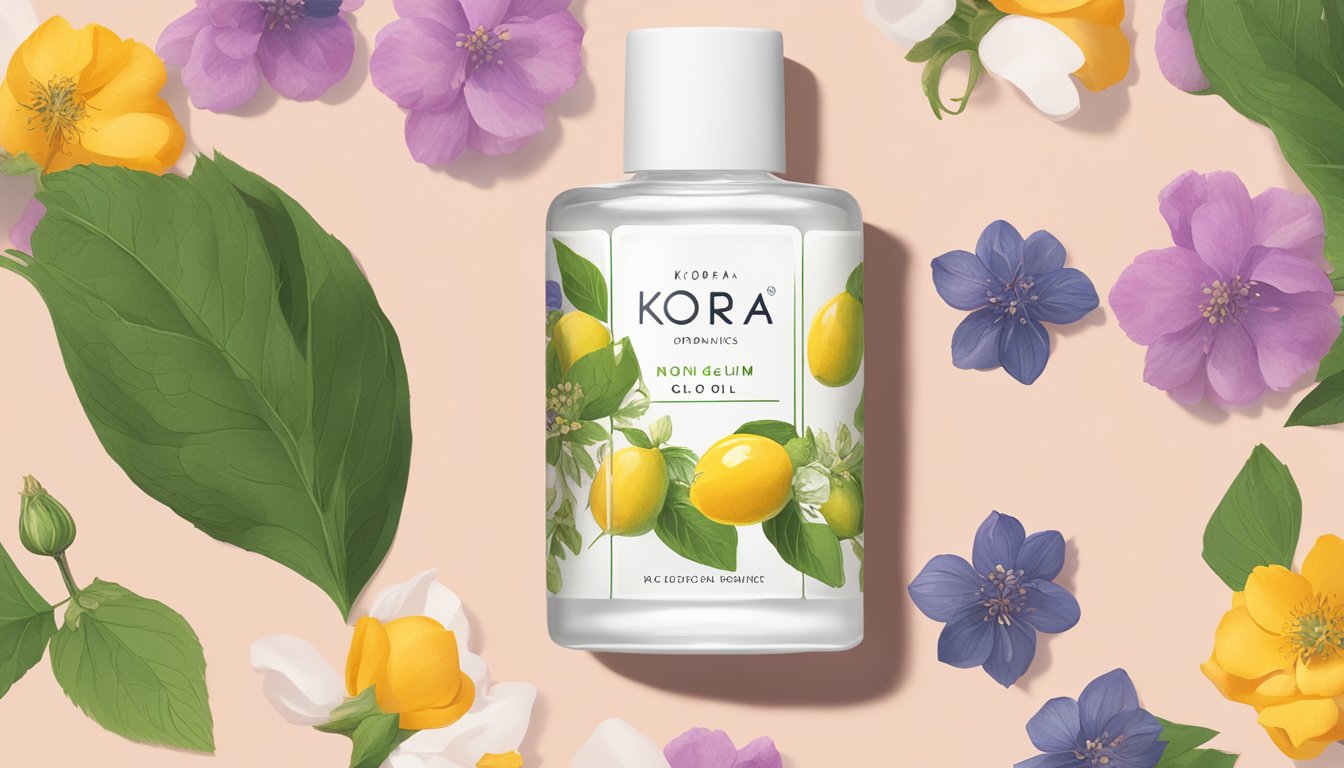 A bottle of Kora Organics Noni Glow Face Oil surrounded by cold-pressed rosehip fruits and flowers