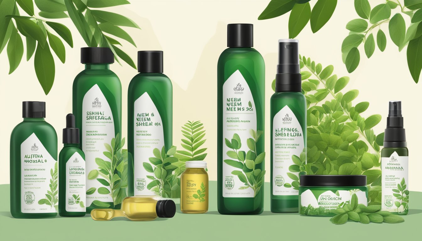 A bottle of Alaffia Neem & Shea Scalp Recovery Serum surrounded by cold pressed moringa oil bottles and fresh moringa leaves