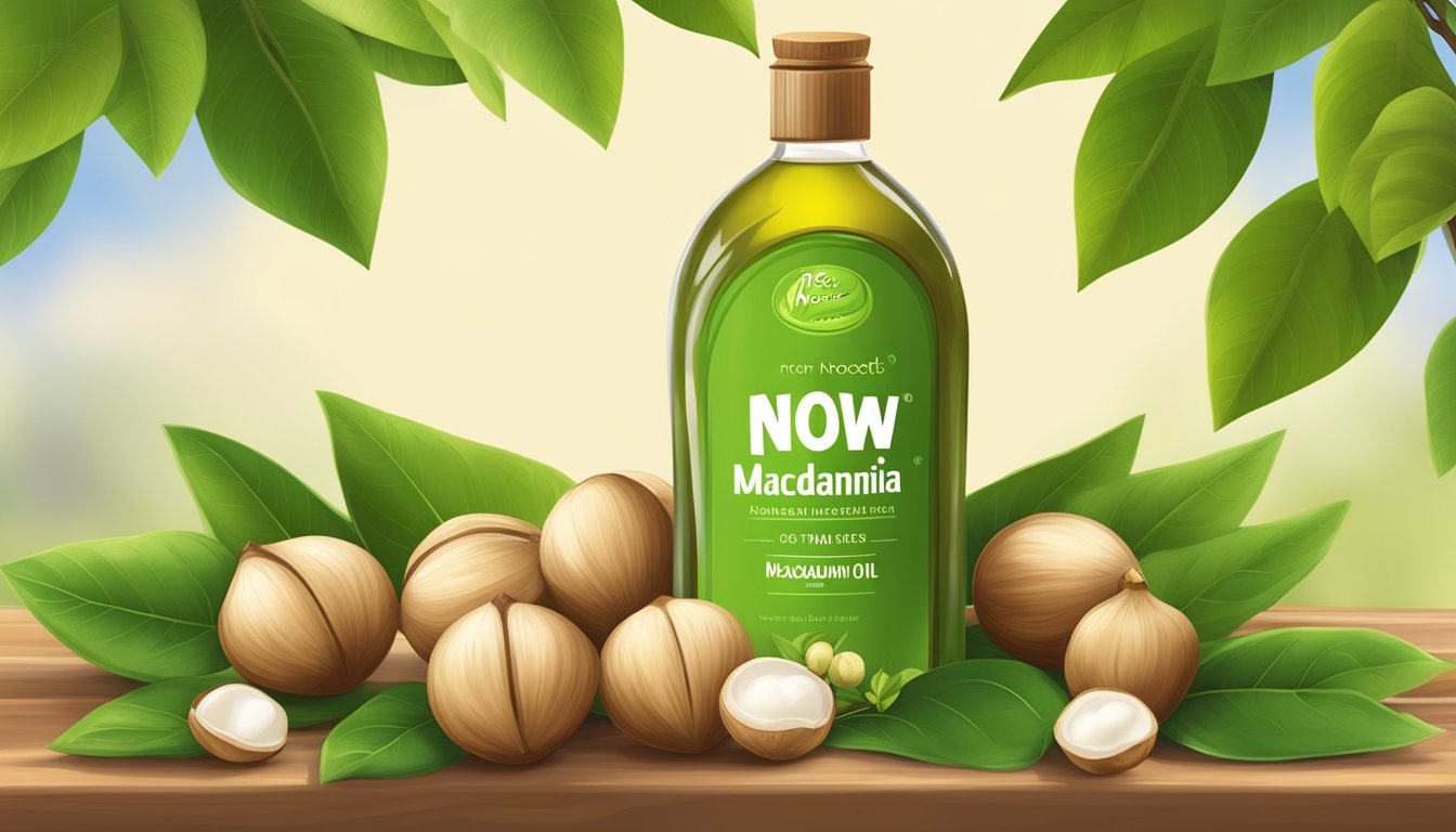 A bottle of NOW Foods Macadamia Nut Oil surrounded by freshly harvested macadamia nuts and the lush green leaves of the macadamia tree