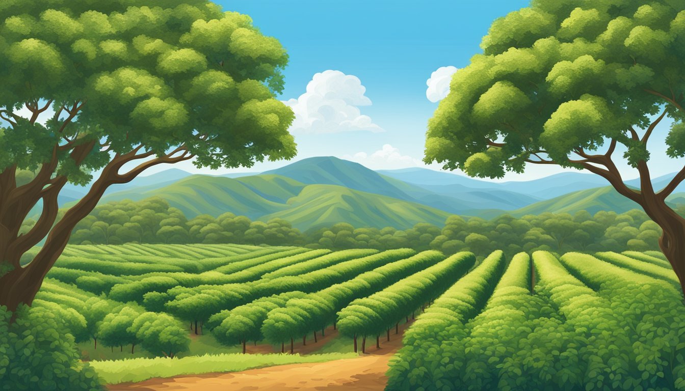 A lush macadamia nut orchard with ripe nuts hanging from the branches, surrounded by rolling hills and a clear blue sky