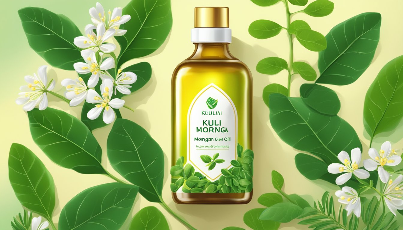 A bottle of Kuli Kuli Moringa Oil surrounded by vibrant moringa leaves and flowers, with rays of sunlight shining down on it