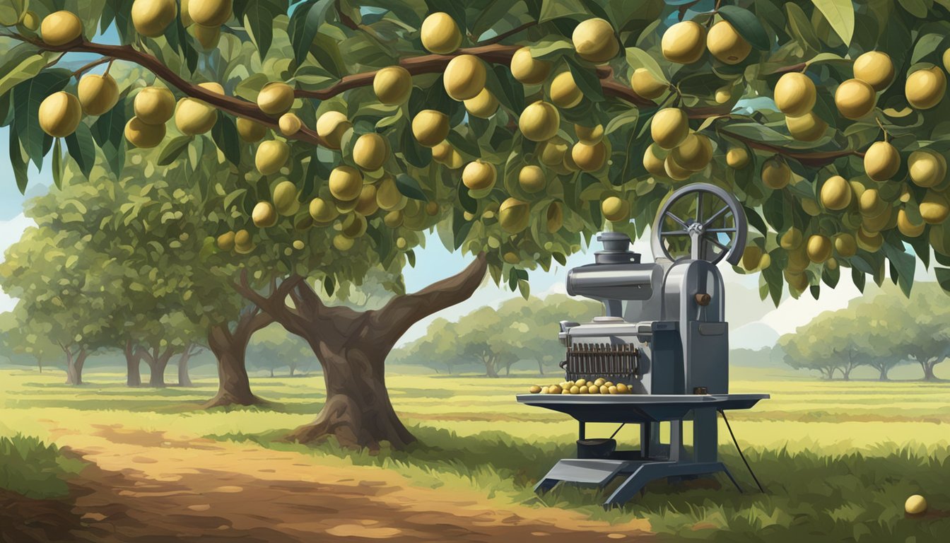 A serene macadamia orchard with ripe nuts and a vintage cold press machine in the background