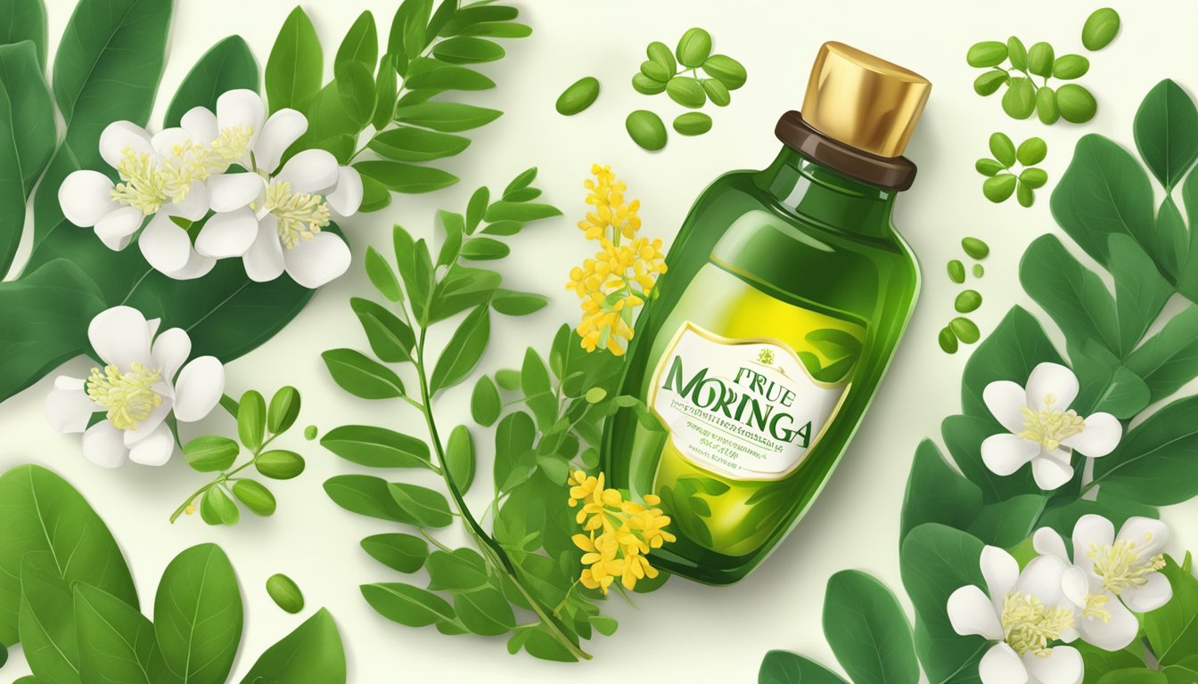 A bottle of True Moringa Pure Moringa Oil surrounded by fresh moringa leaves and flowers