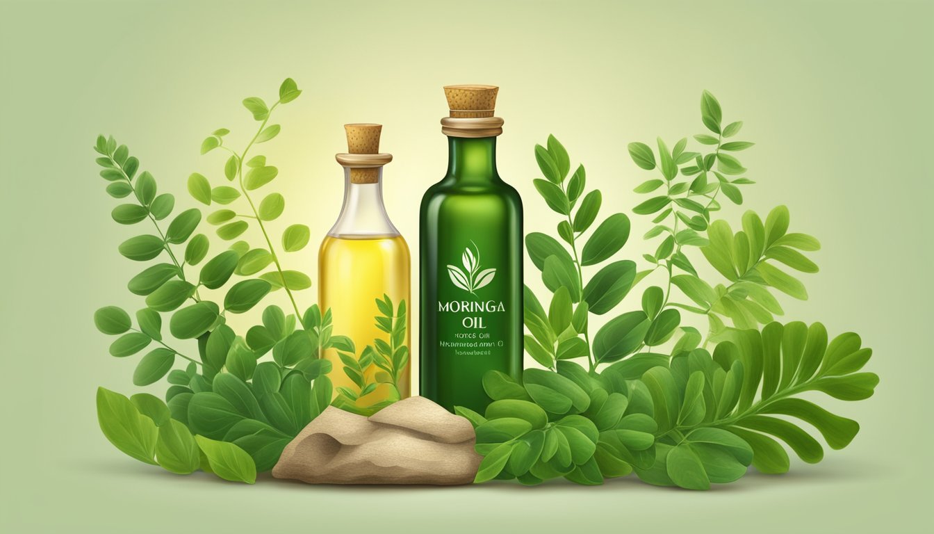 A bottle of moringa oil surrounded by ancient Greek artifacts and lush greenery