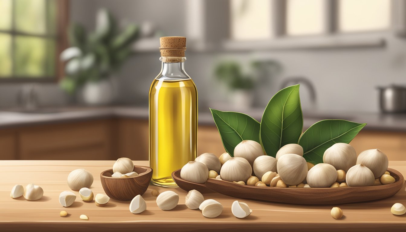 A bottle of Woolworths Macadamia Oil sits on a wooden kitchen counter, surrounded by a pile of freshly cracked macadamia nuts and a cluster of macadamia tree branches