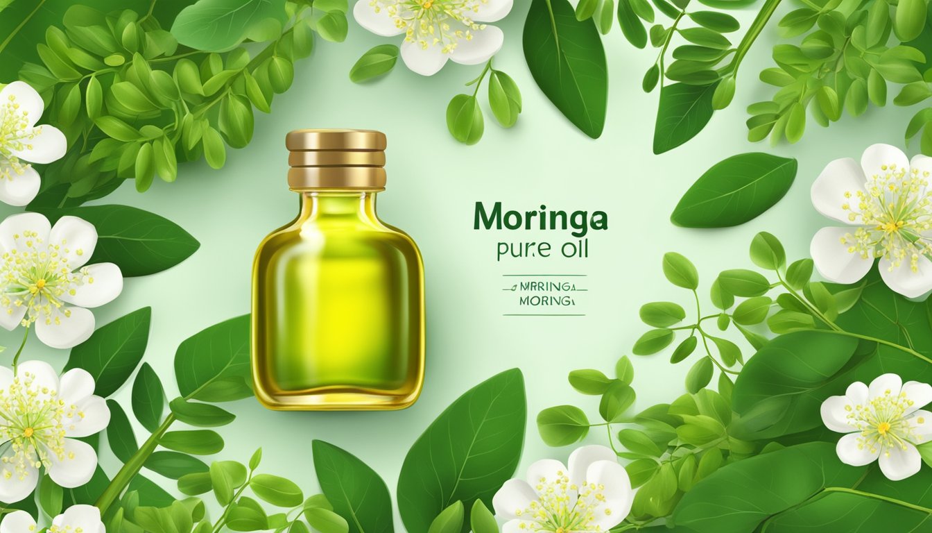 A bottle of Organic Pure Oil Moringa Oil surrounded by fresh moringa leaves and flowers