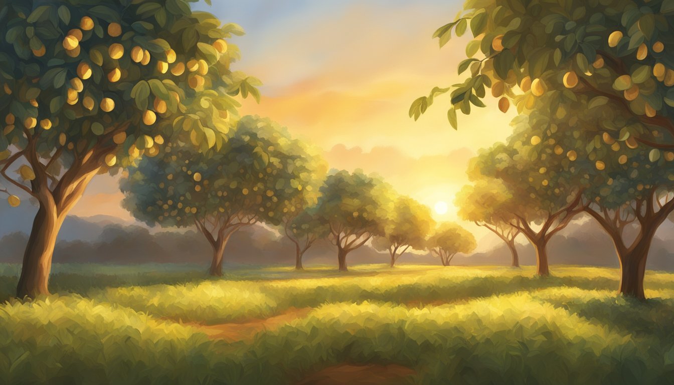 A serene macadamia nut orchard at sunset, with a gentle breeze swaying the branches and the warm glow of the sun illuminating the golden nuts