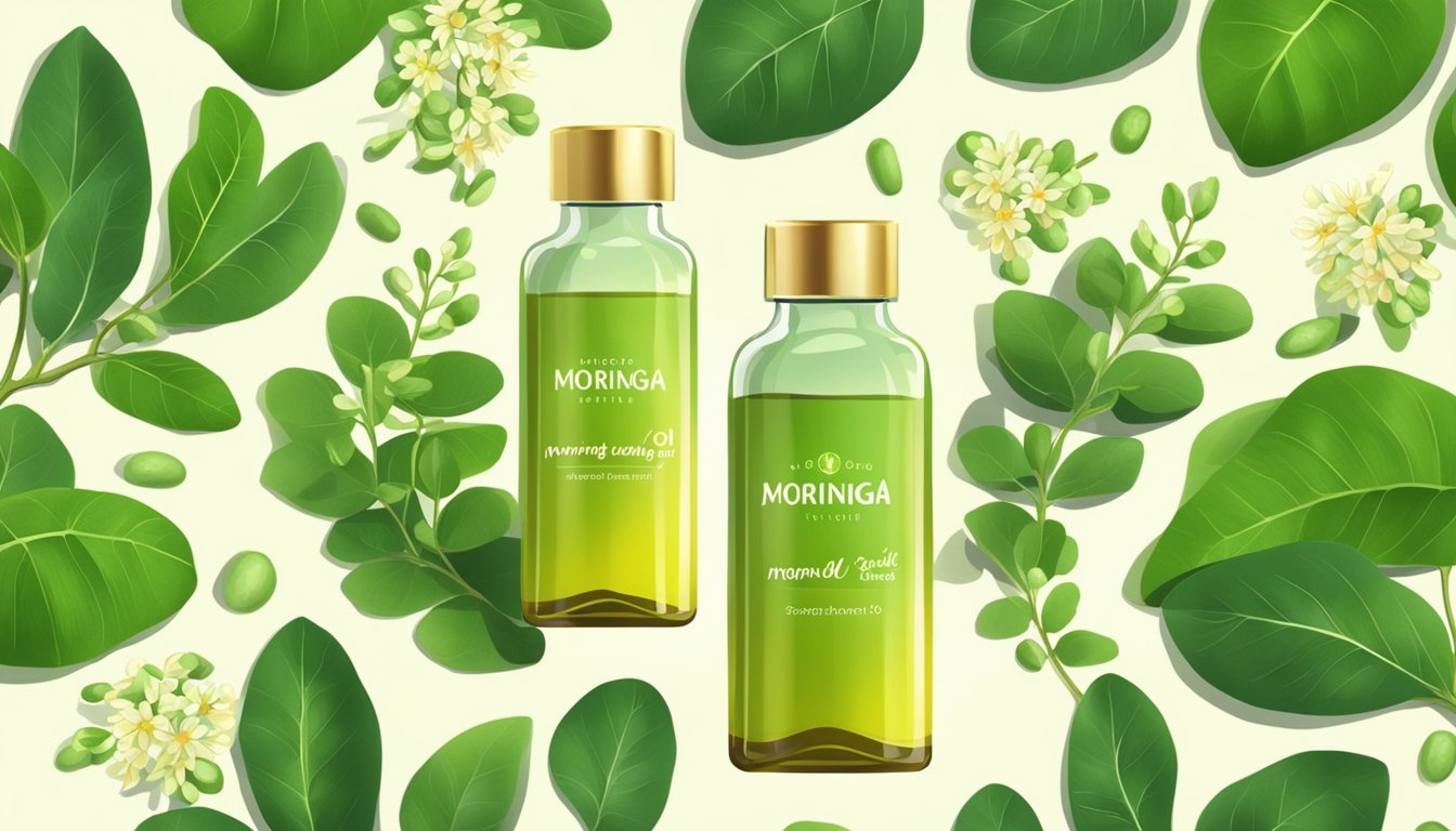 A bottle of Moringa Source Organic Oil surrounded by fresh moringa leaves and flowers, with rays of sunlight shining down on it