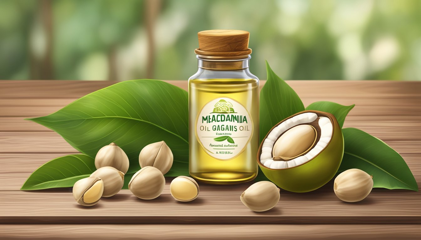 A glass bottle of Shea Terra Organics Macadamia Nut Oil surrounded by ripe macadamia nuts on a wooden table