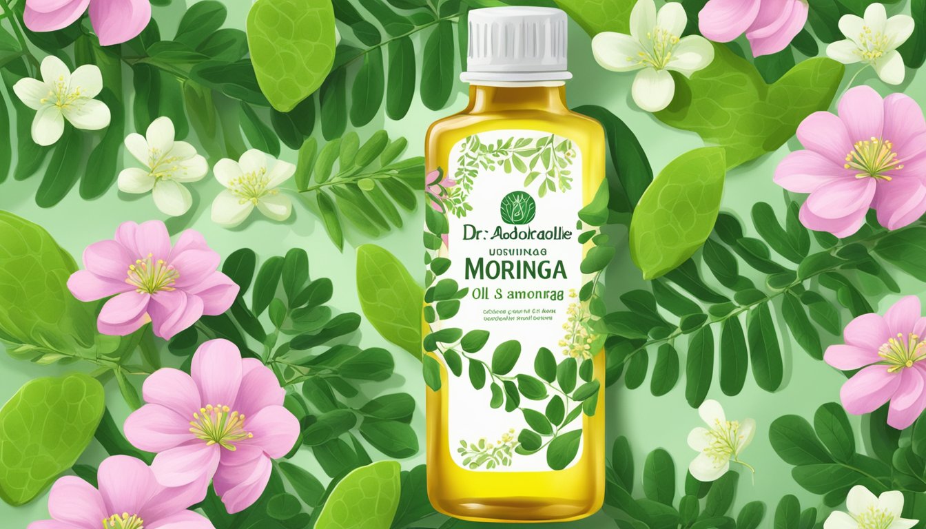 A bottle of Dr. Adorable Moringa Oil surrounded by lush green moringa leaves and vibrant flowers