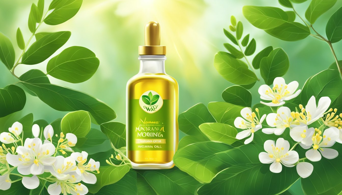 A bottle of Nature's Way Organic Moringa Oil surrounded by fresh moringa leaves and flowers, with rays of sunlight shining down on it