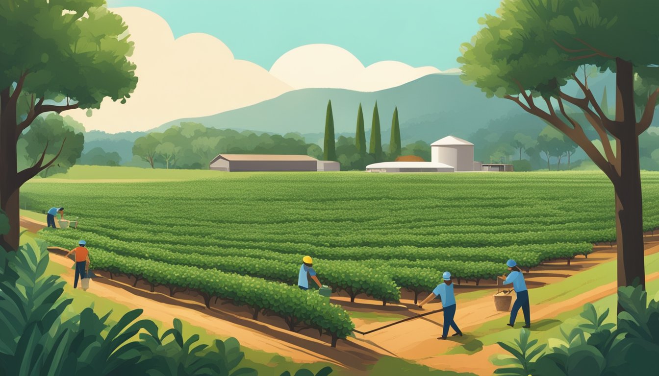 A lush macadamia nut orchard with workers harvesting nuts and a modern cold pressing facility in the background