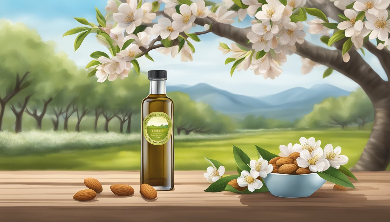 A bottle of Banyan Botanicals Sweet Almond Oil surrounded by fresh almonds and blooming almond trees