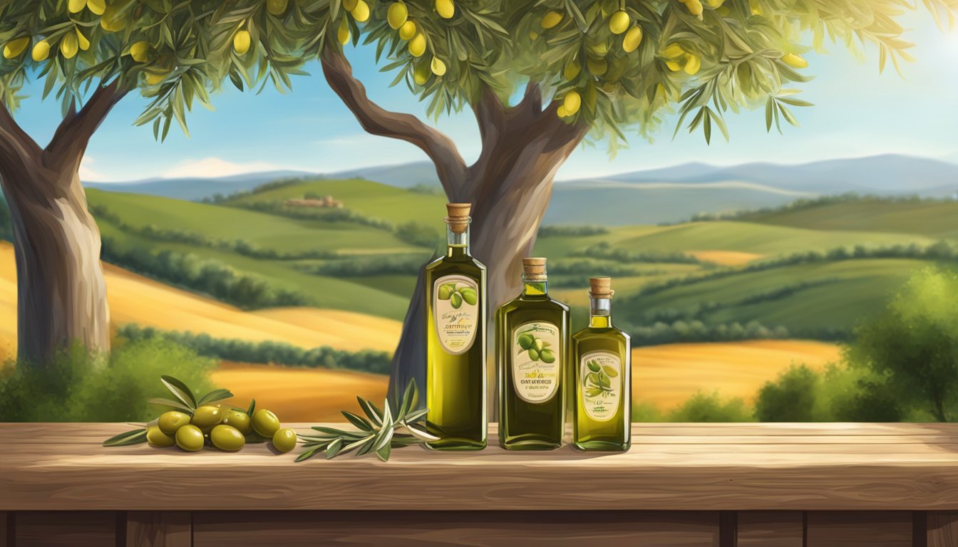 A rustic wooden table with bottles of Partanna Extra Virgin Olive Oil from Italy and Spain, surrounded by olive branches and Mediterranean landscapes