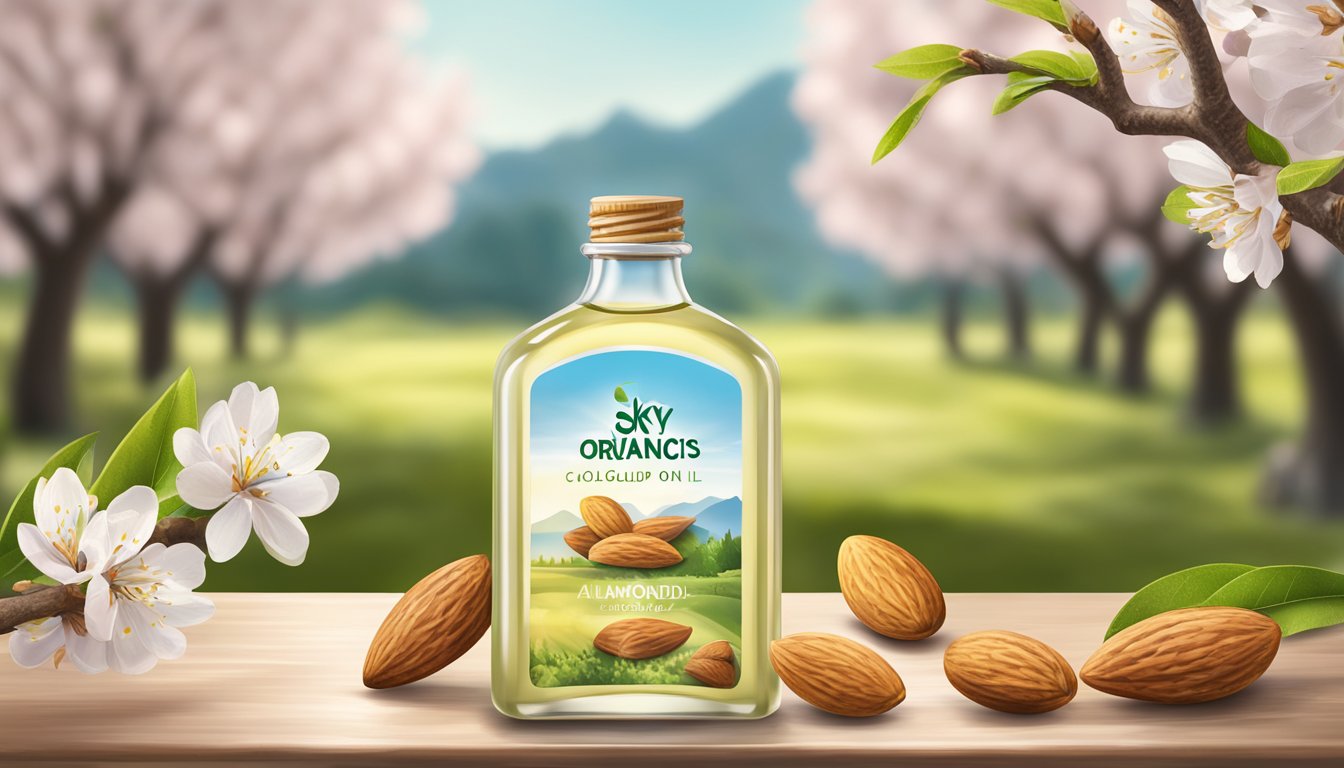 A clear glass bottle of Sky Organics Cold Pressed Almond Oil surrounded by fresh almonds and blooming almond trees