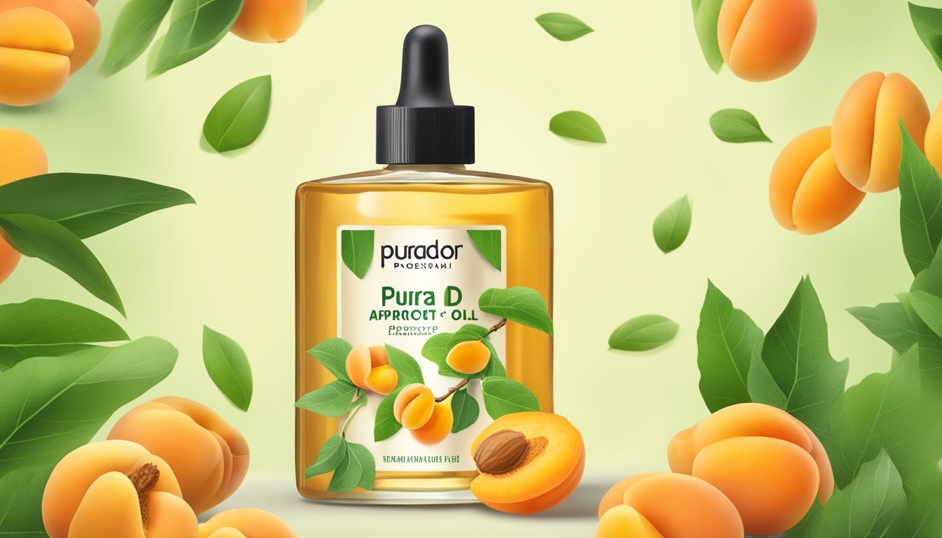 A bottle of Pura D'or Organic Sweet Apricot Oil surrounded by fresh apricots and apricot kernels, with a backdrop of lush greenery