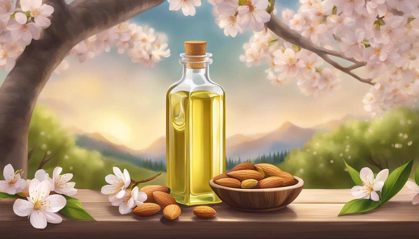 A bottle of cold-pressed almond oil surrounded by fresh almonds and blooming almond trees