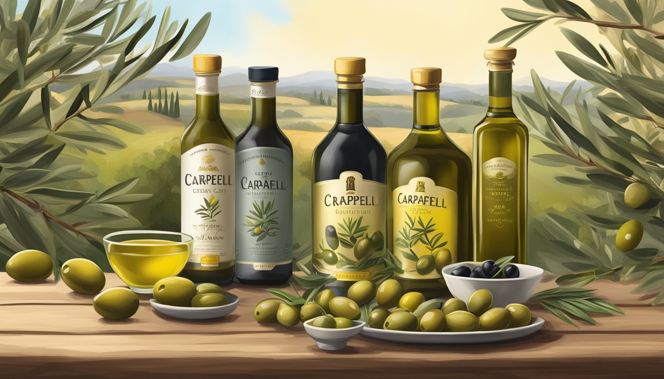 A rustic table displays bottles of Carapelli Unfiltered Organic Extra Virgin Olive Oil from Italy and Spain, surrounded by olive branches and fresh olives