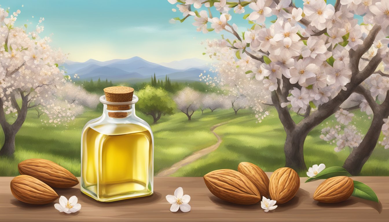 A bottle of Viva Naturals Almond Oil surrounded by fresh almonds and blooming almond trees