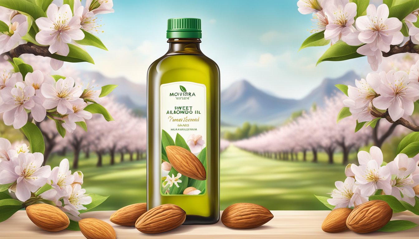 A bottle of Molivera Organics Sweet Almond Oil surrounded by fresh almonds and blossoming almond trees