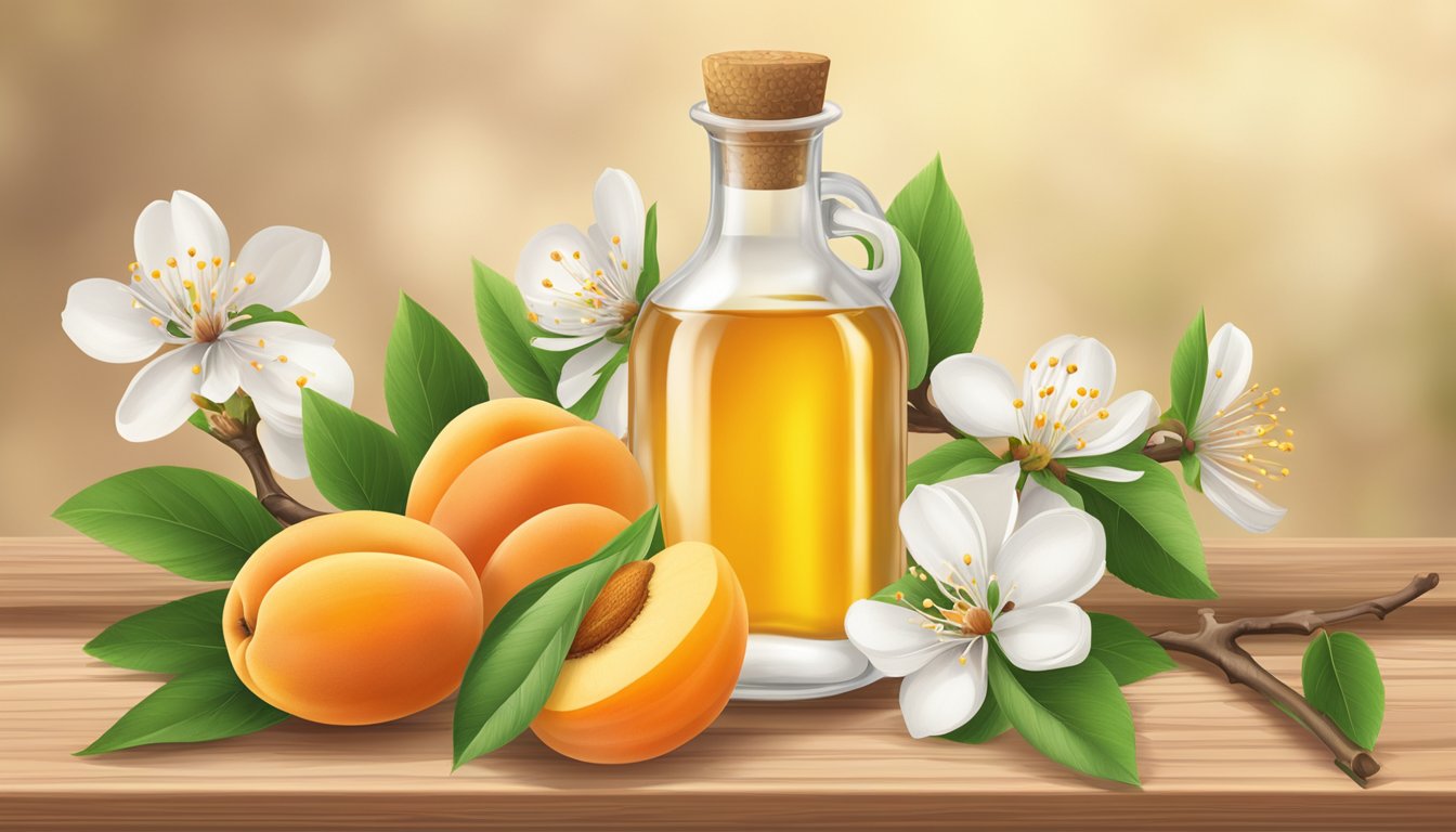 A bottle of Now Solutions Apricot Oil surrounded by fresh apricots and apricot blossoms on a wooden tabletop