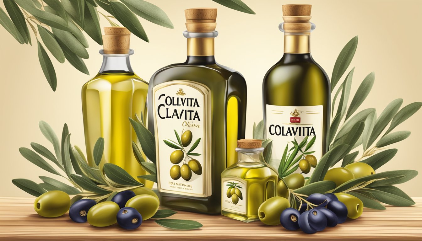 A rustic wooden table displays bottles of Colavita Premium Selection Olive Oil from Italy and Spain, surrounded by fresh olives and olive branches