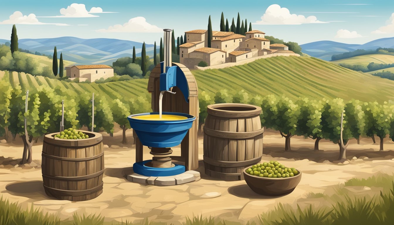 A rustic Italian countryside with rolling hills, vineyards, and olive groves under a bright blue sky, with a traditional stone olive oil press in the foreground