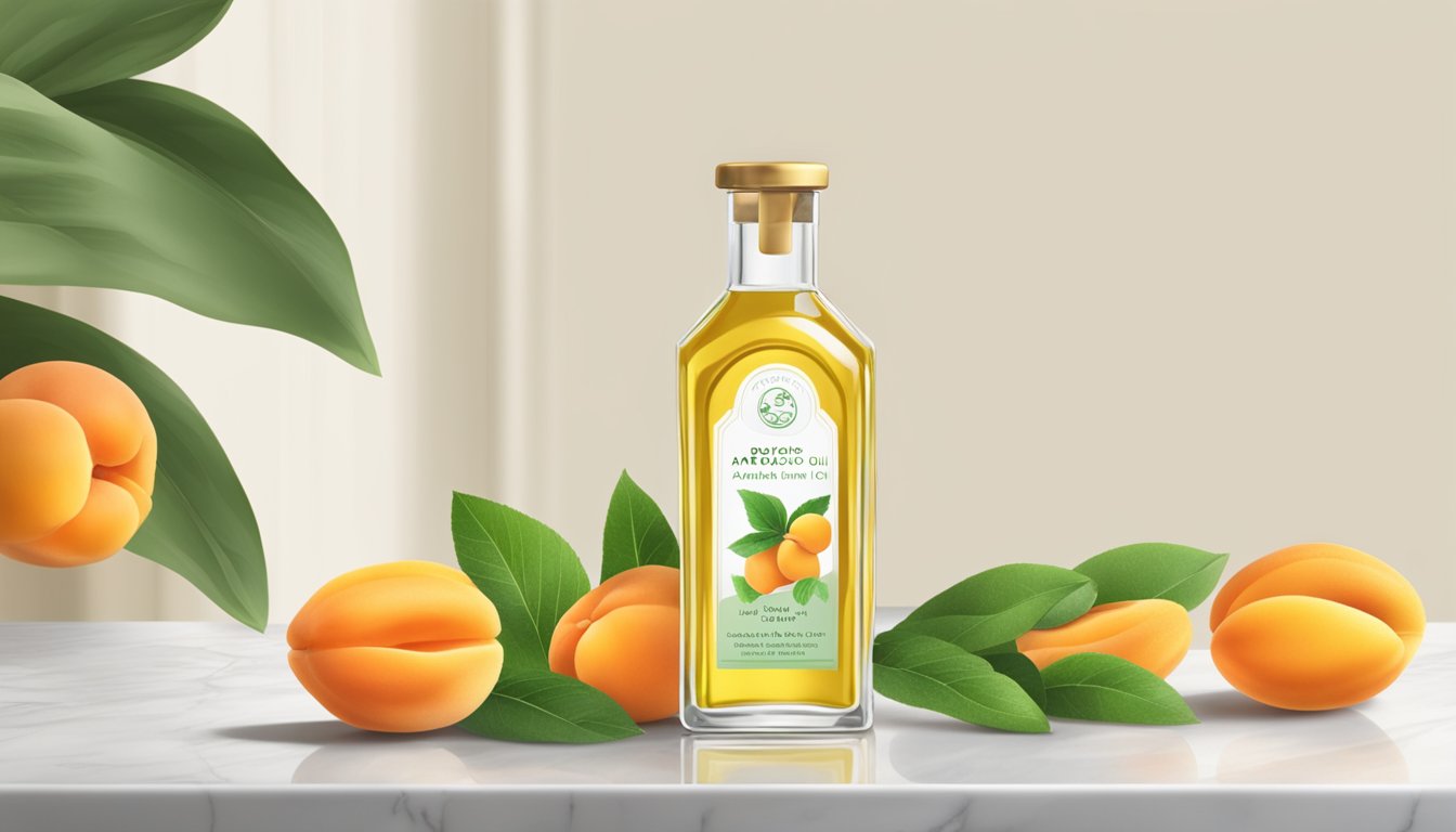 A clear glass bottle of Baja Basics Apricot Kernel Oil sits on a marble countertop, surrounded by fresh apricots and green leaves