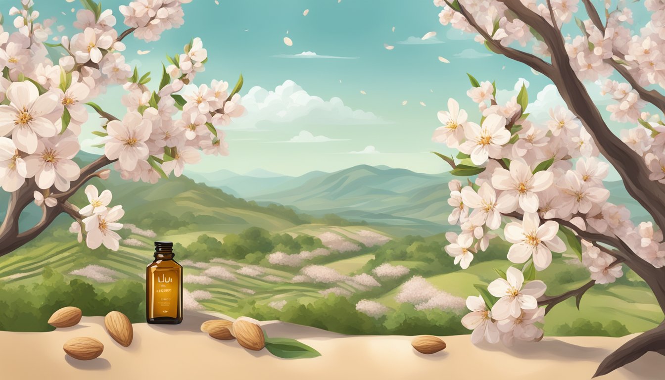 A bottle of Lulu's Essentials Sweet Almond Oil surrounded by fresh almonds and blooming almond trees