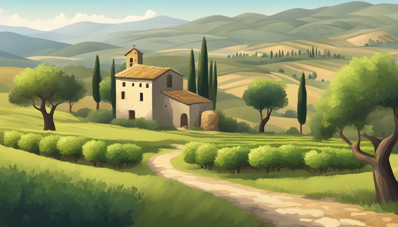 A rustic Italian countryside with rolling hills, groves of olive trees, and a traditional stone mill for pressing olives