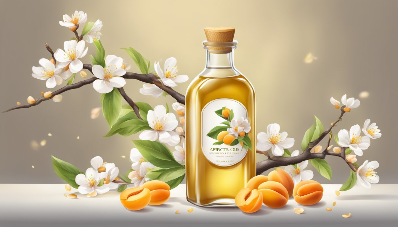 A clear glass bottle of apricot kernel oil surrounded by fresh apricots and blossoms