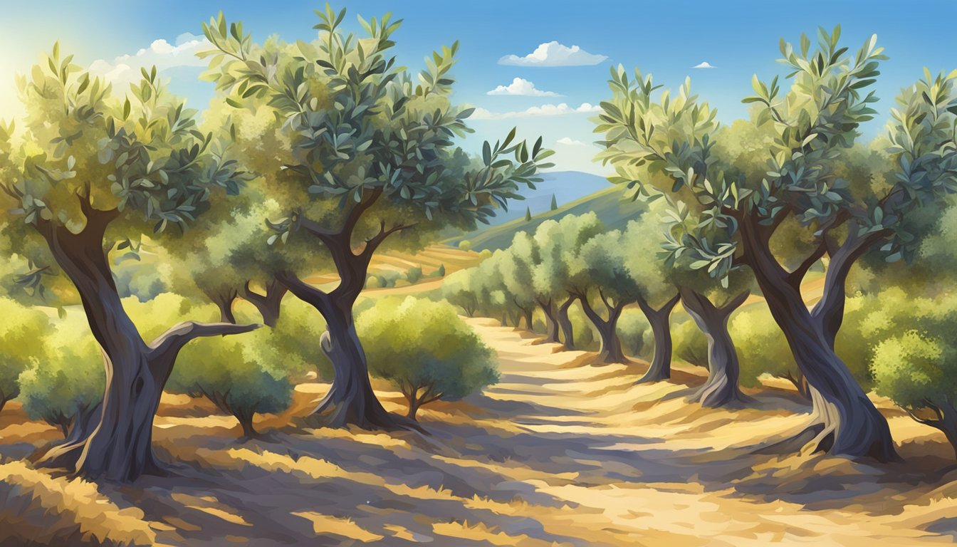 A lush, sun-drenched olive grove with ripe fruit ready for harvest, set against a backdrop of rolling hills and clear blue skies