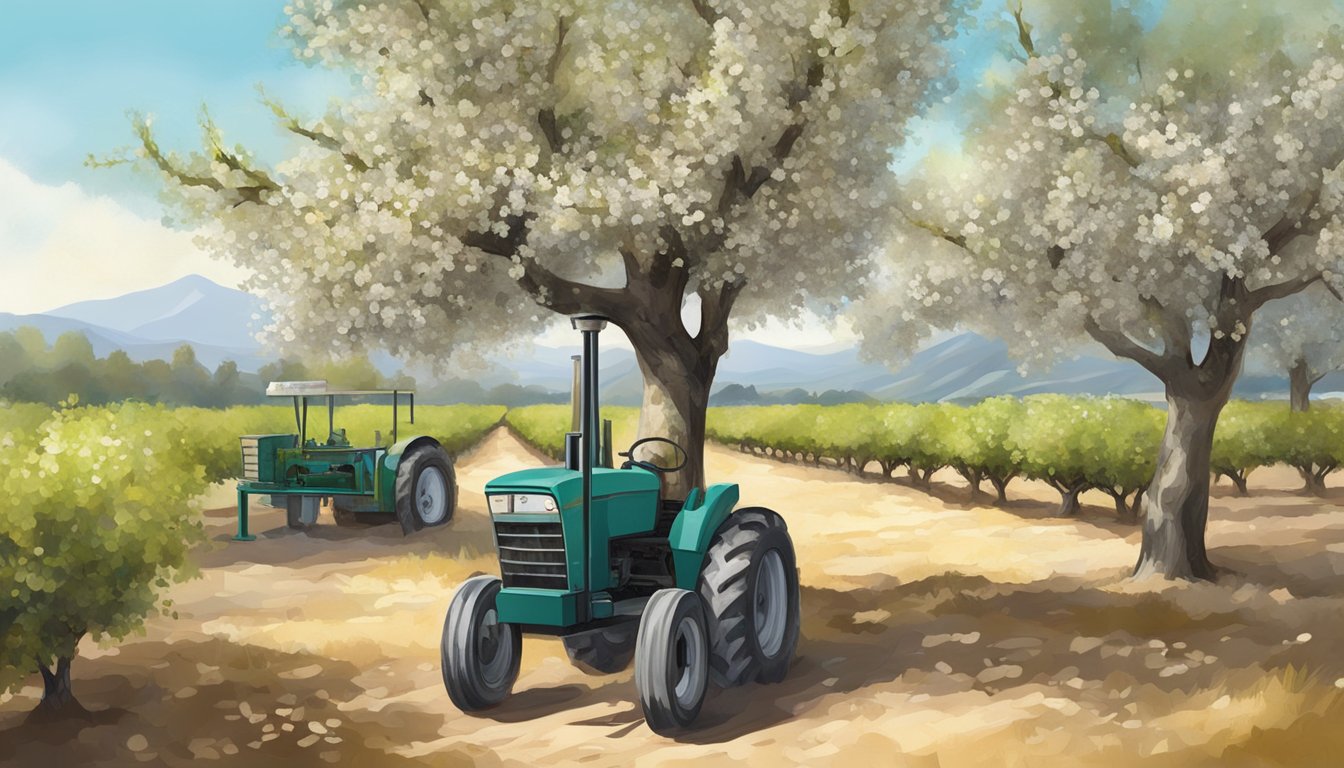 A serene almond orchard with ripe fruit and a cold press machine extracting oil