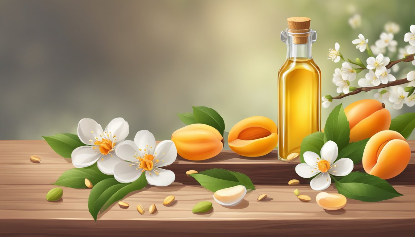 A glass bottle of apricot kernel oil surrounded by fresh apricots and blossoms on a wooden table