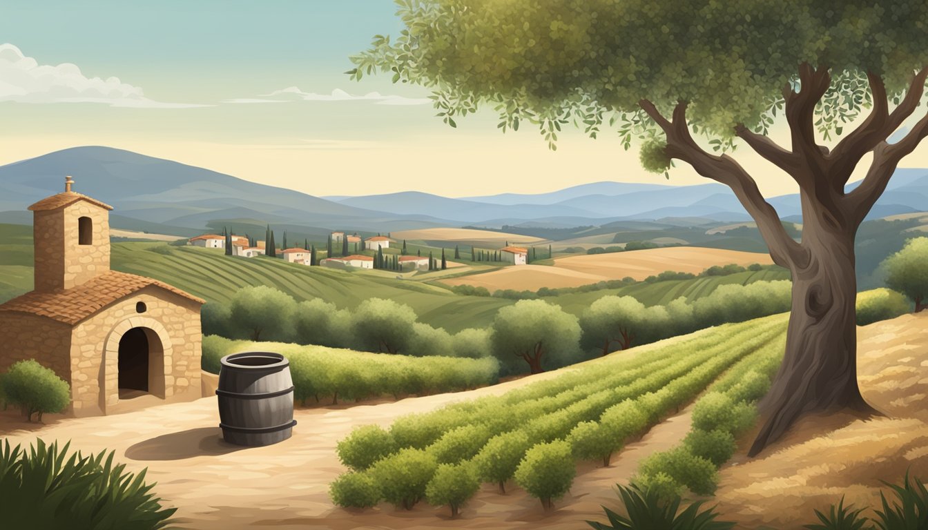 A rustic Italian and Spanish countryside with rolling hills, olive trees, and a traditional stone olive press