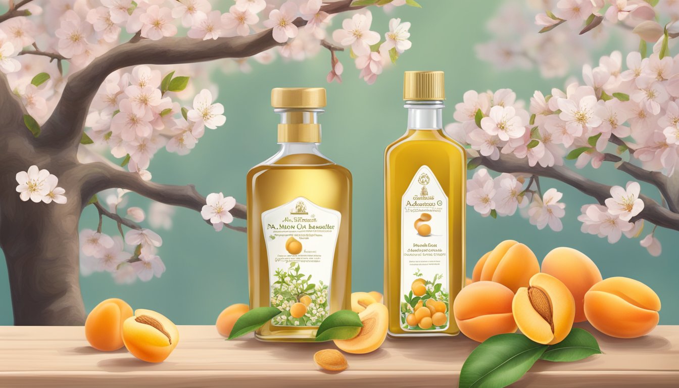 A bottle of Dr. Adorable apricot kernel oil surrounded by fresh apricots and blossoming apricot trees