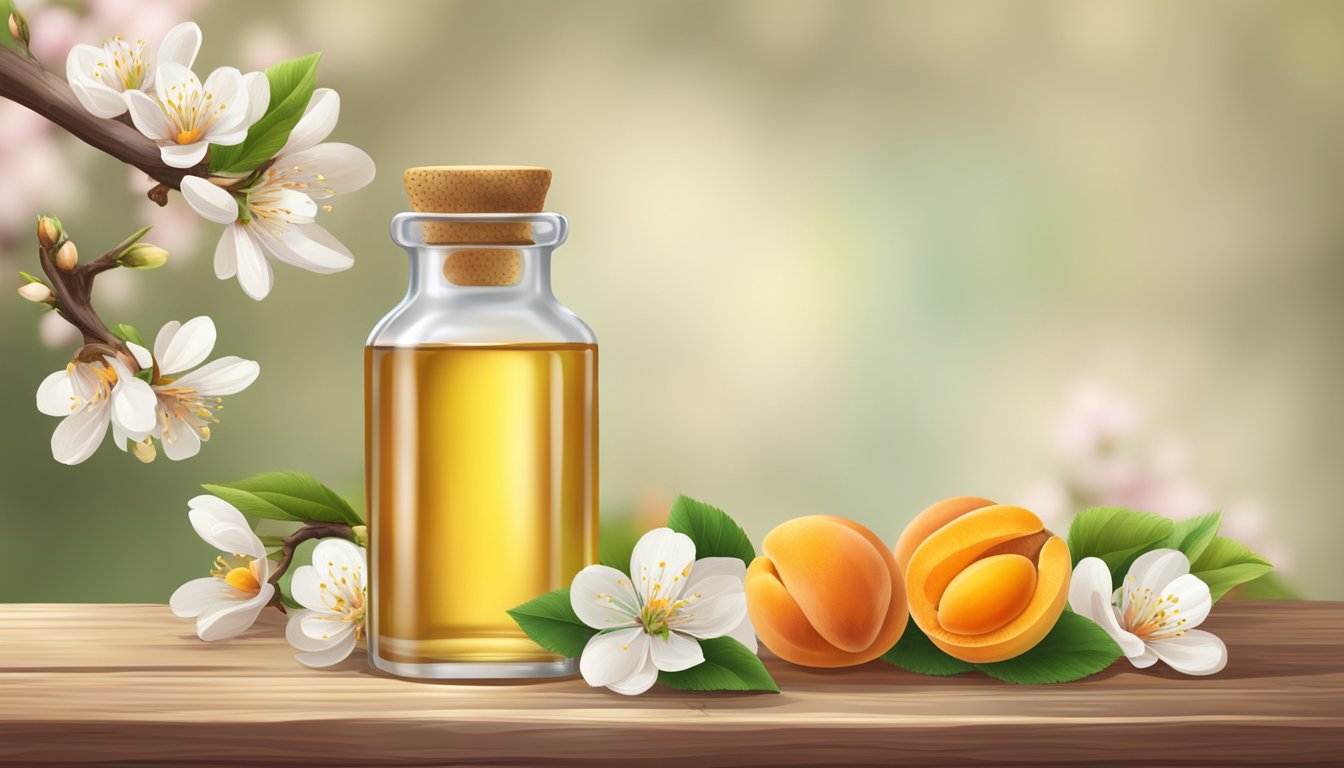 A glass bottle of apricot kernel oil surrounded by fresh apricots and blossoms on a rustic wooden table